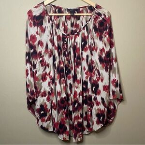 Alfani Blouse Women 16W Burgundy White Floral Flowy 3/4 Bell Sleeve Polyester